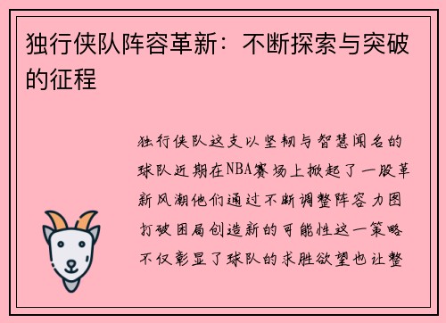 独行侠队阵容革新：不断探索与突破的征程
